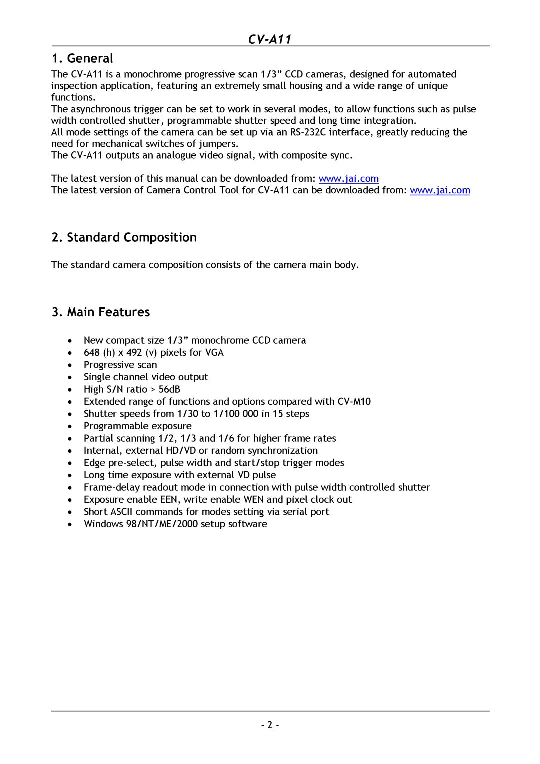 JAI CV-A11 operation manual General, Standard Composition, Main Features 