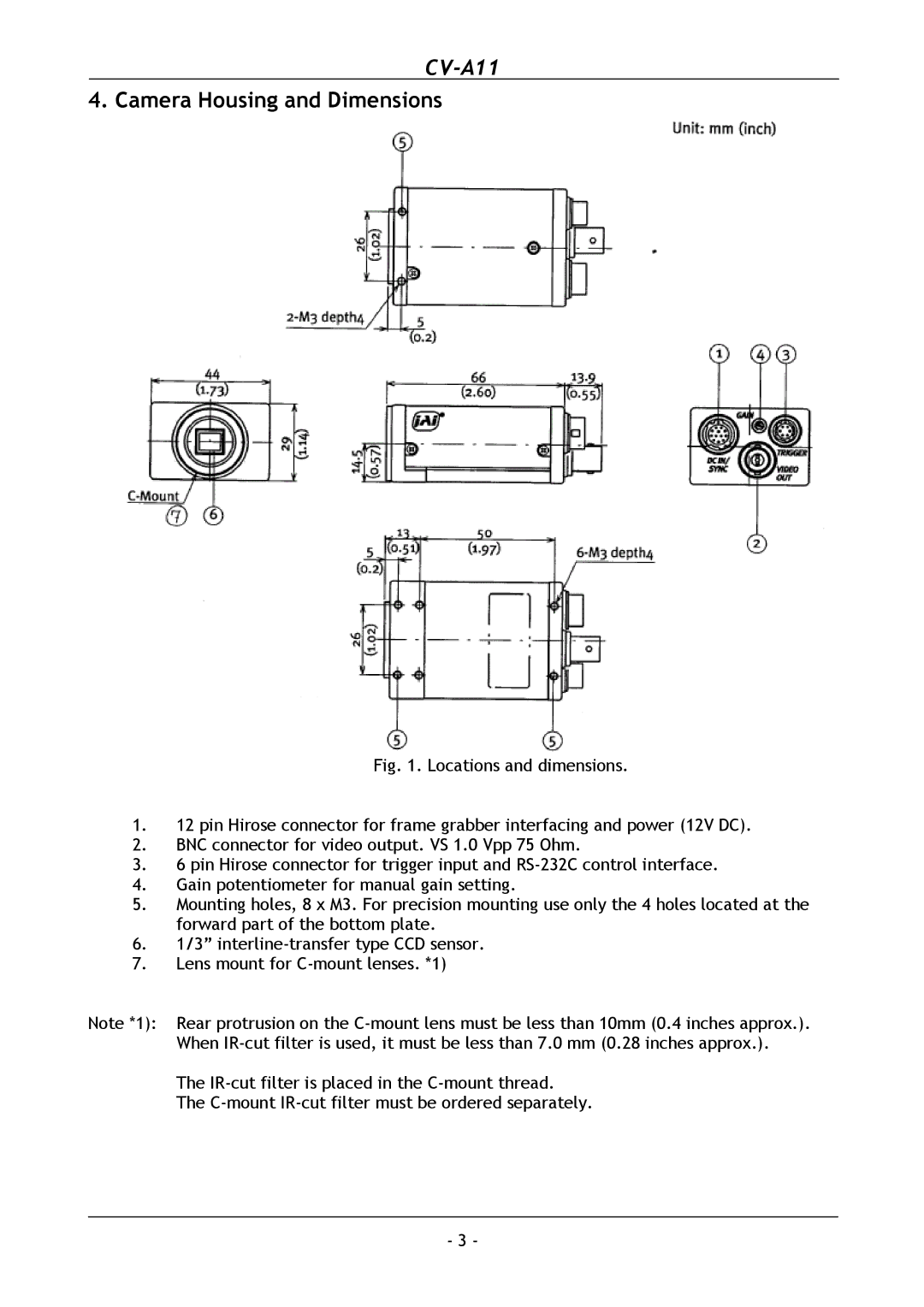 JAI CV-A11 operation manual Camera Housing and Dimensions 