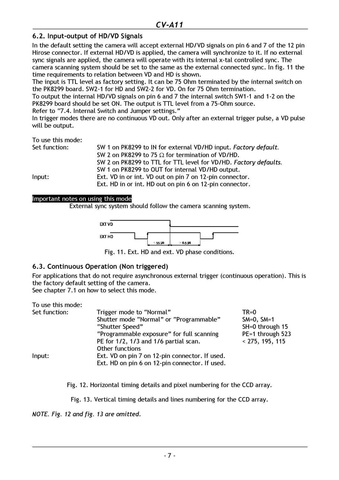 JAI CV-A11 operation manual Input-output of HD/VD Signals, Continuous Operation Non triggered 