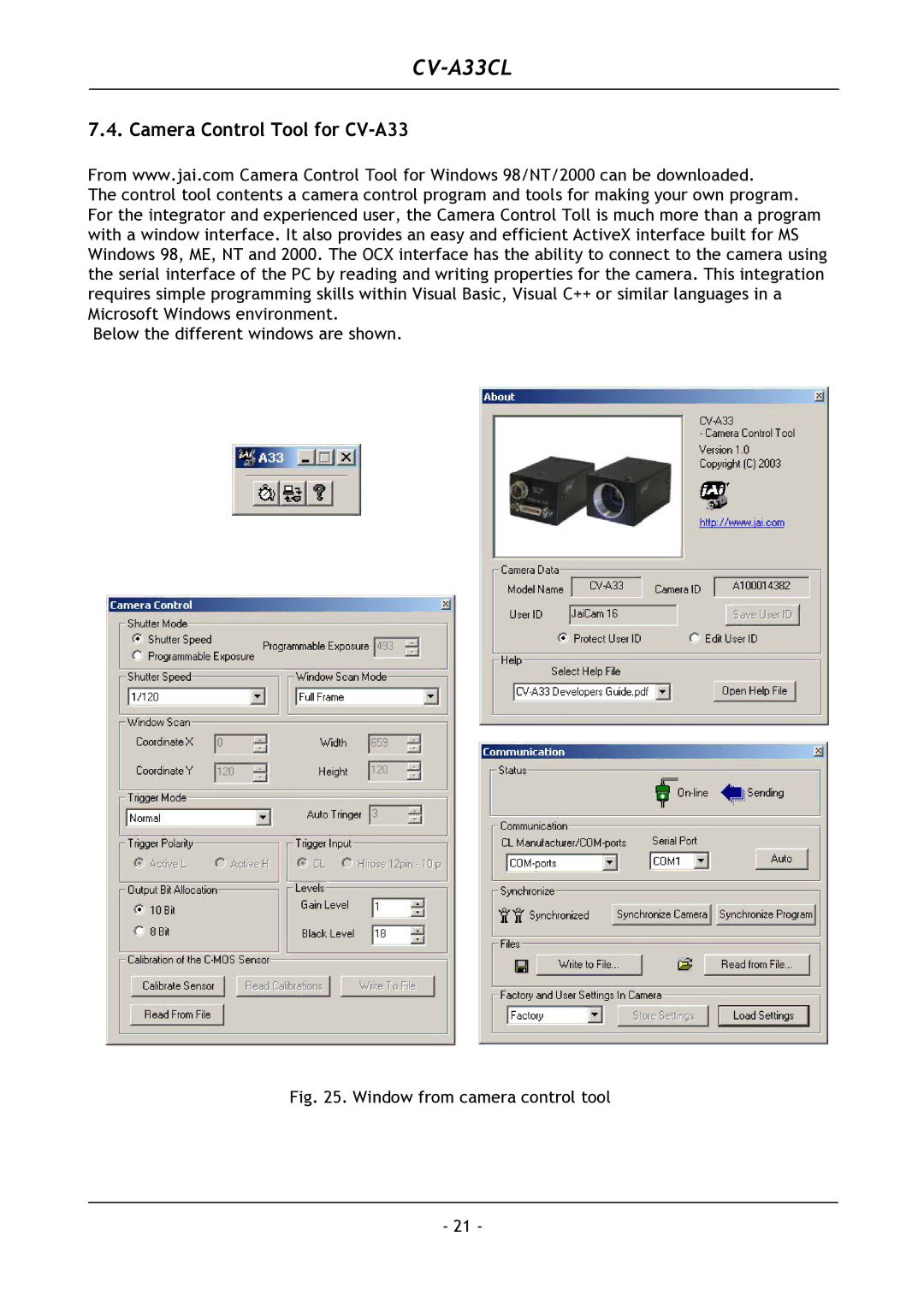 JAI CV-A33CL operation manual Camera Control Tool for CV-A33, Window from camera control tool 