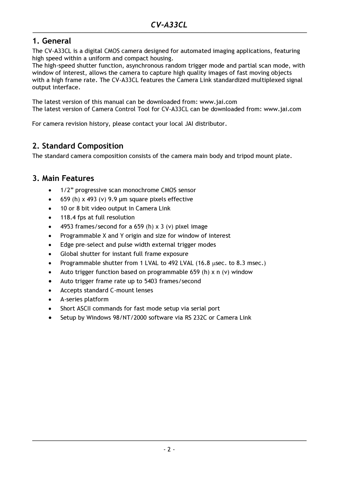 JAI CV-A33CL operation manual General, Standard Composition, Main Features 