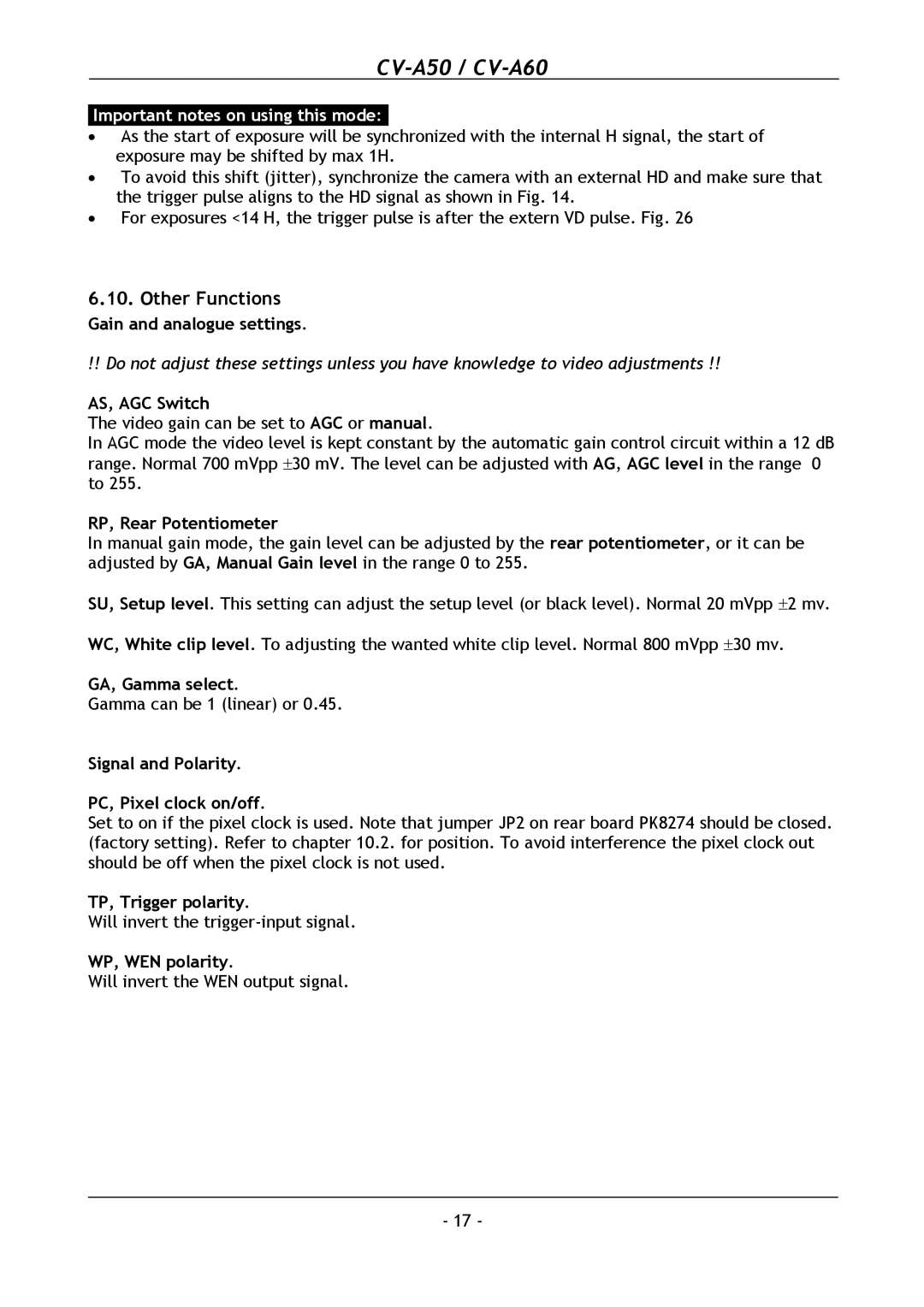 JAI CV-A50, CV-A60 operation manual Other Functions 