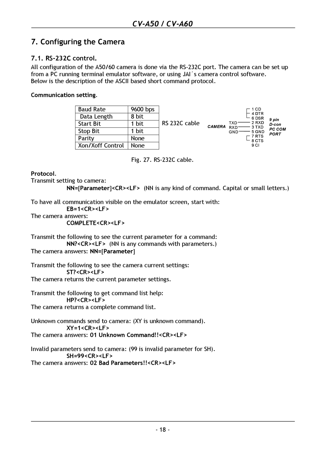 JAI CV-A60, CV-A50 operation manual Configuring the Camera, RS-232C control 