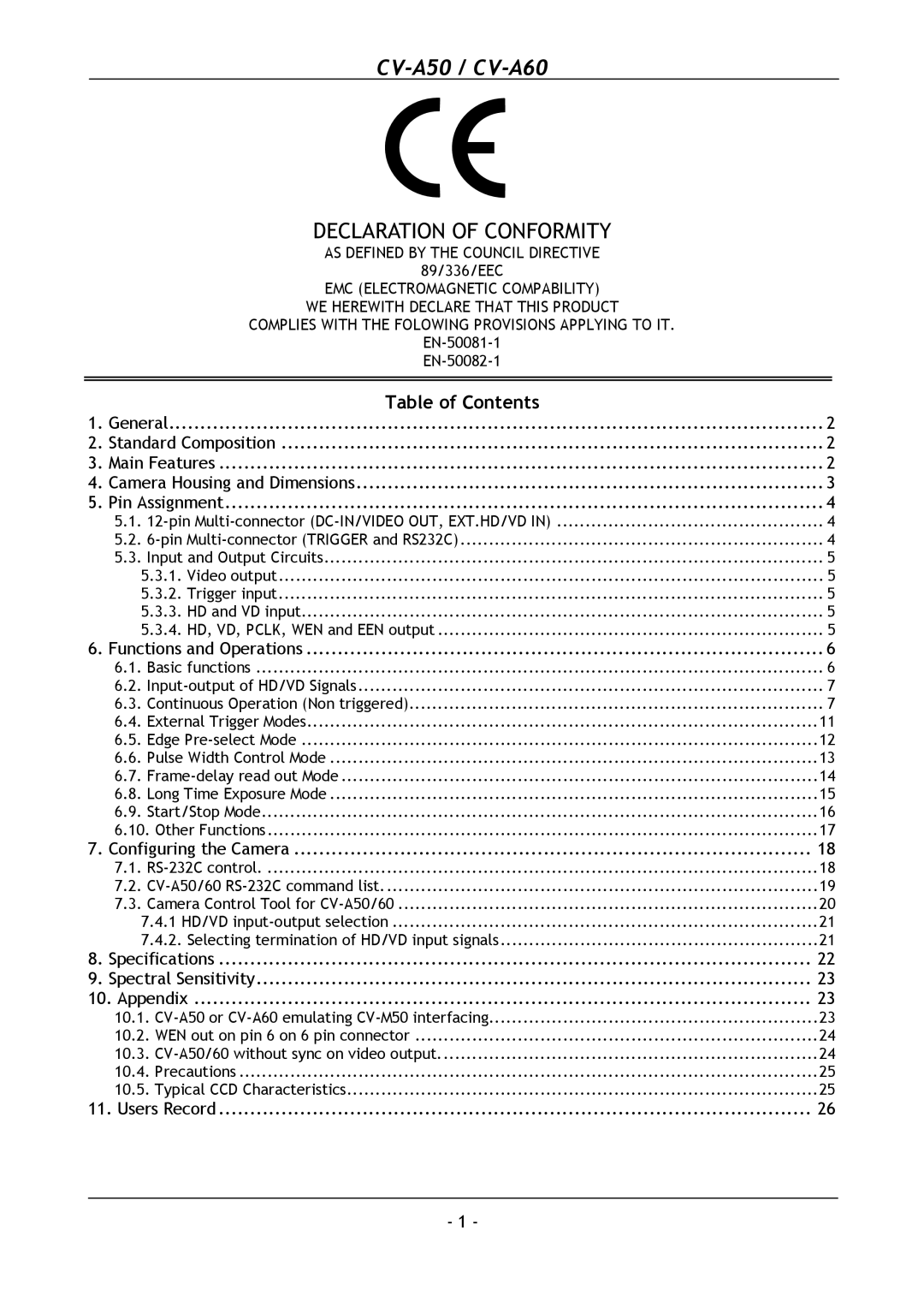 JAI operation manual CV-A50 / CV-A60, Table of Contents 