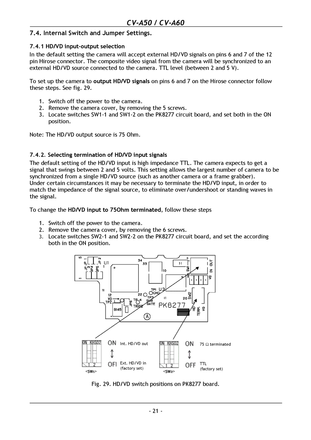 JAI CV-A50, CV-A60 operation manual Internal Switch and Jumper Settings, 1 HD/VD input-output selection 