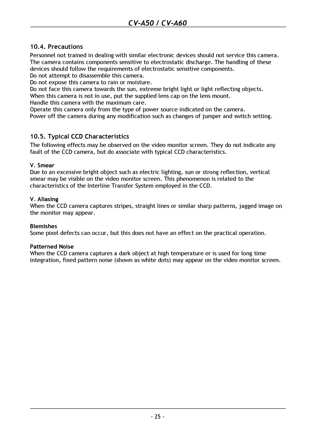 JAI CV-A50, CV-A60 operation manual Precautions, Typical CCD Characteristics 