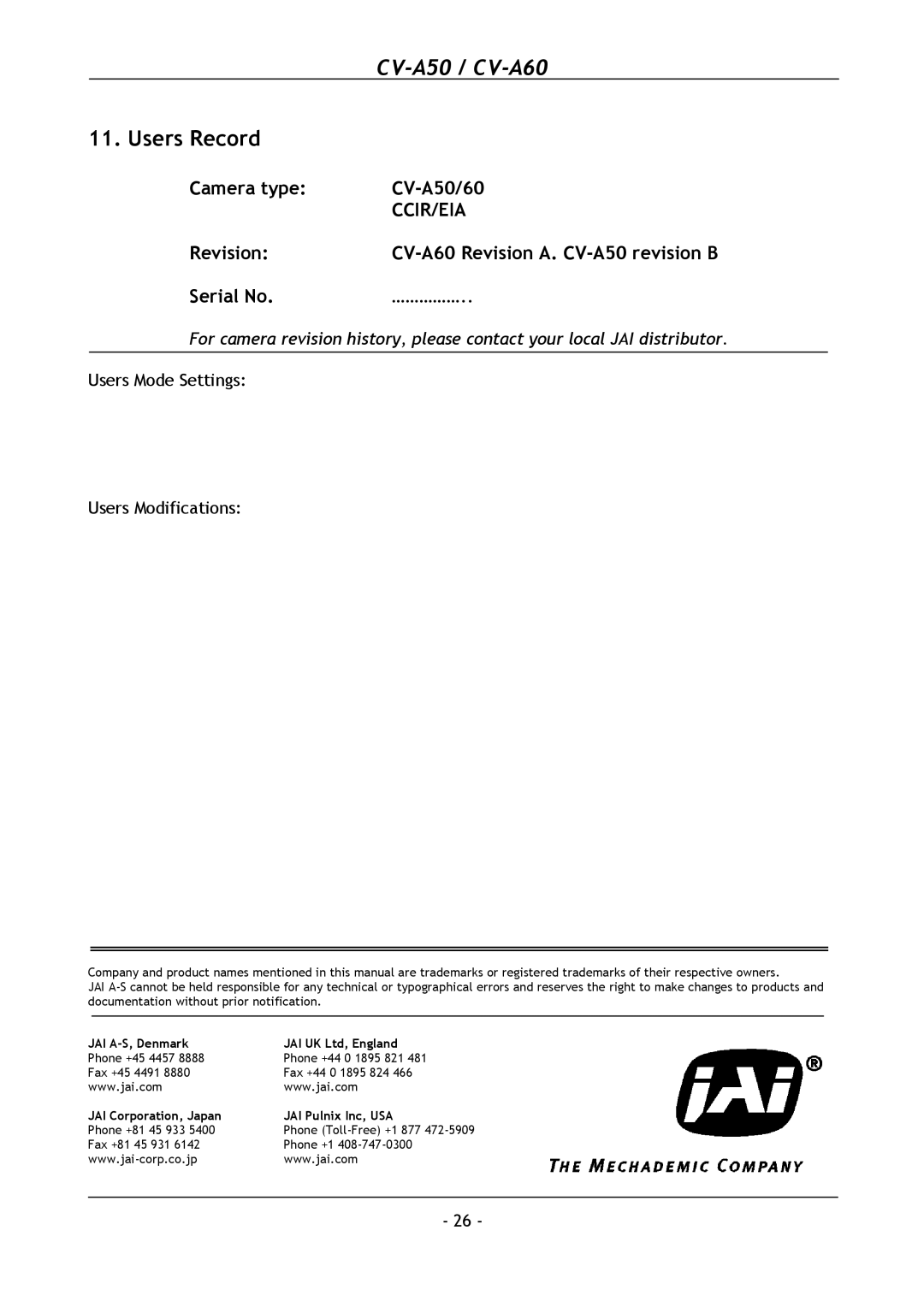 JAI CV-A60 operation manual Users Record, Camera type CV-A50/60 