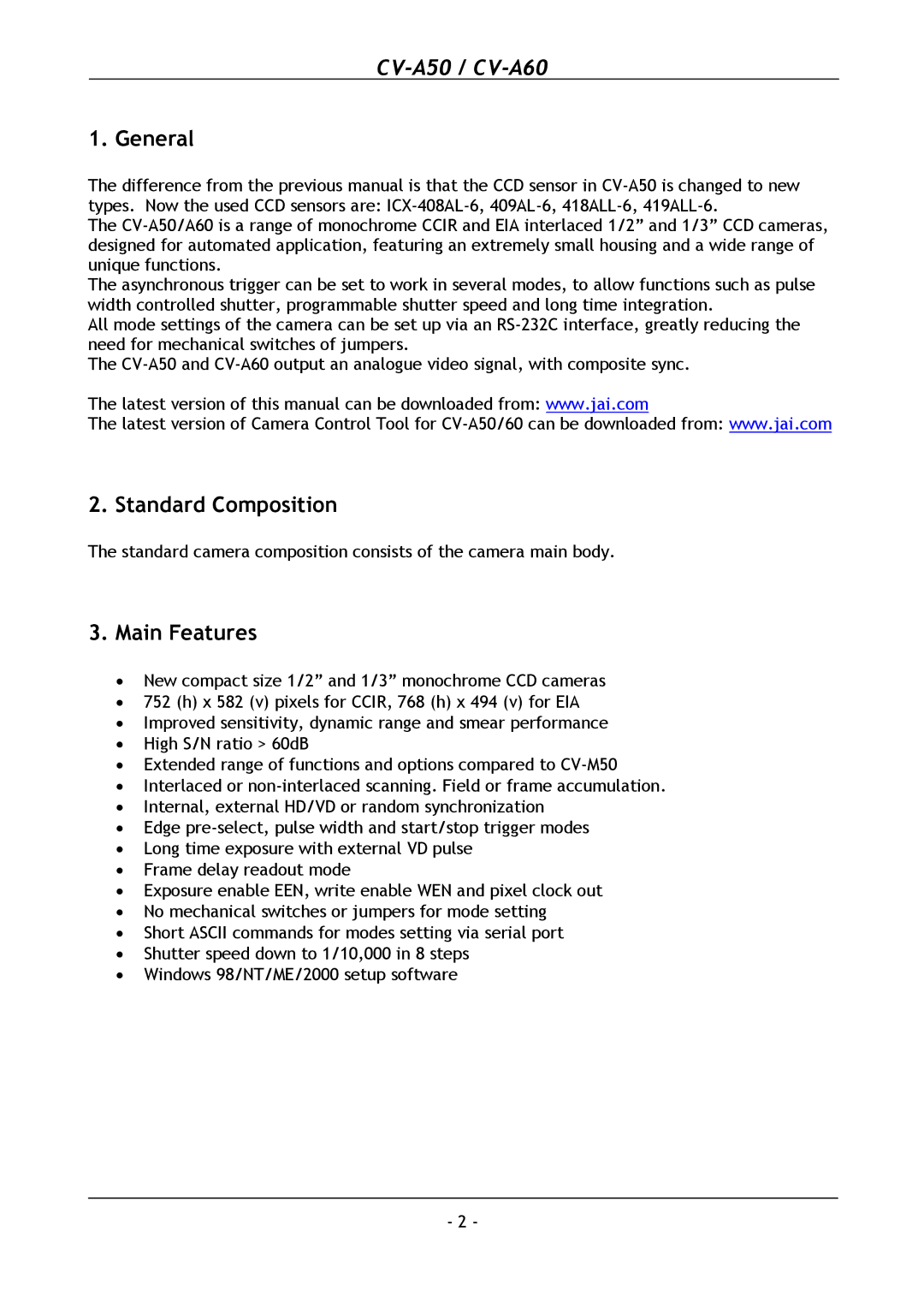 JAI CV-A60, CV-A50 operation manual General, Standard Composition, Main Features 