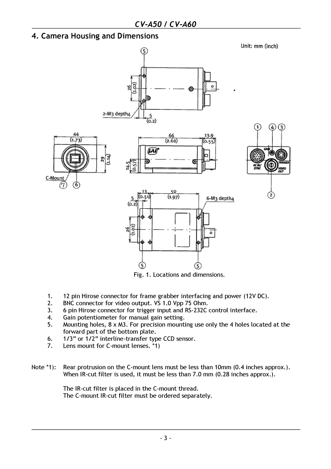 JAI CV-A50, CV-A60 operation manual Camera Housing and Dimensions 