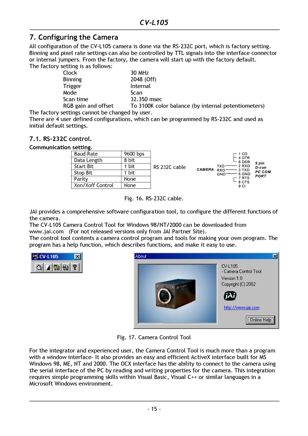 JAI CV-L105 operation manual Configuring the Camera, RS-232C control. Communication setting 