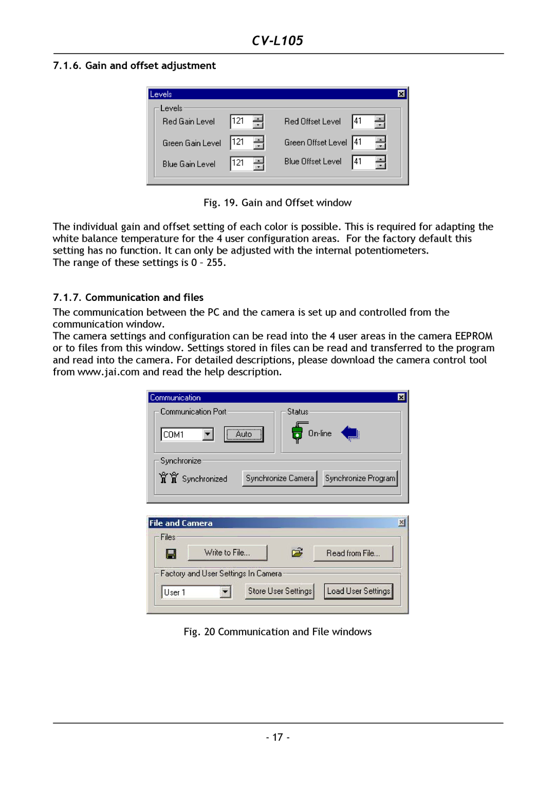 JAI CV-L105 operation manual Gain and offset adjustment, Communication and files 