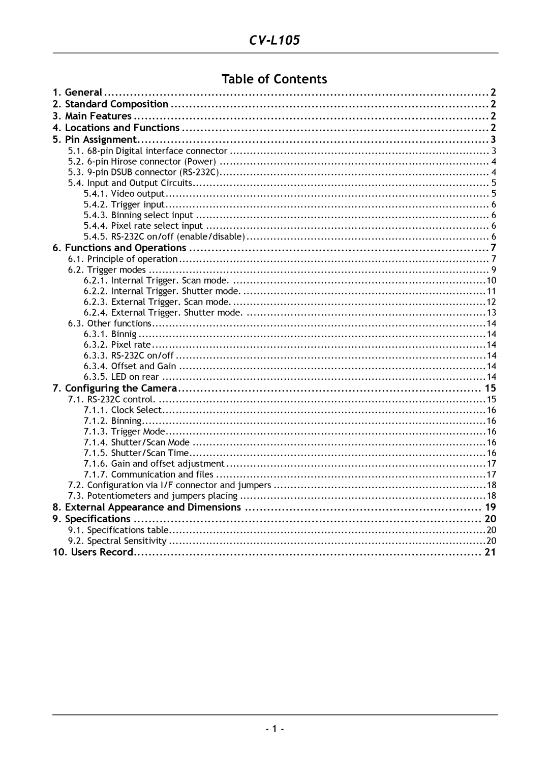 JAI CV-L105 operation manual Table of Contents 