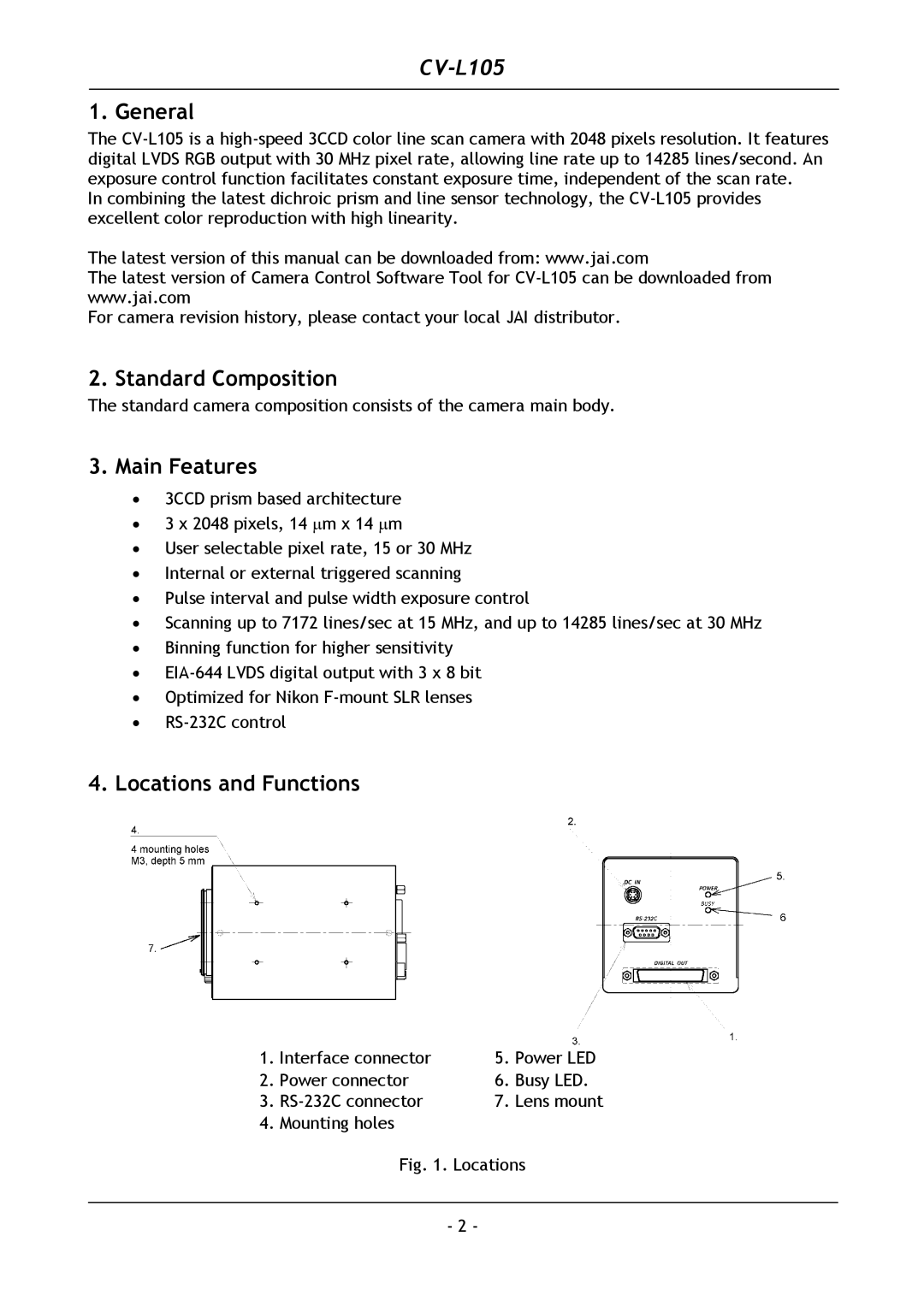 JAI CV-L105 operation manual General, Standard Composition, Main Features, Locations and Functions 