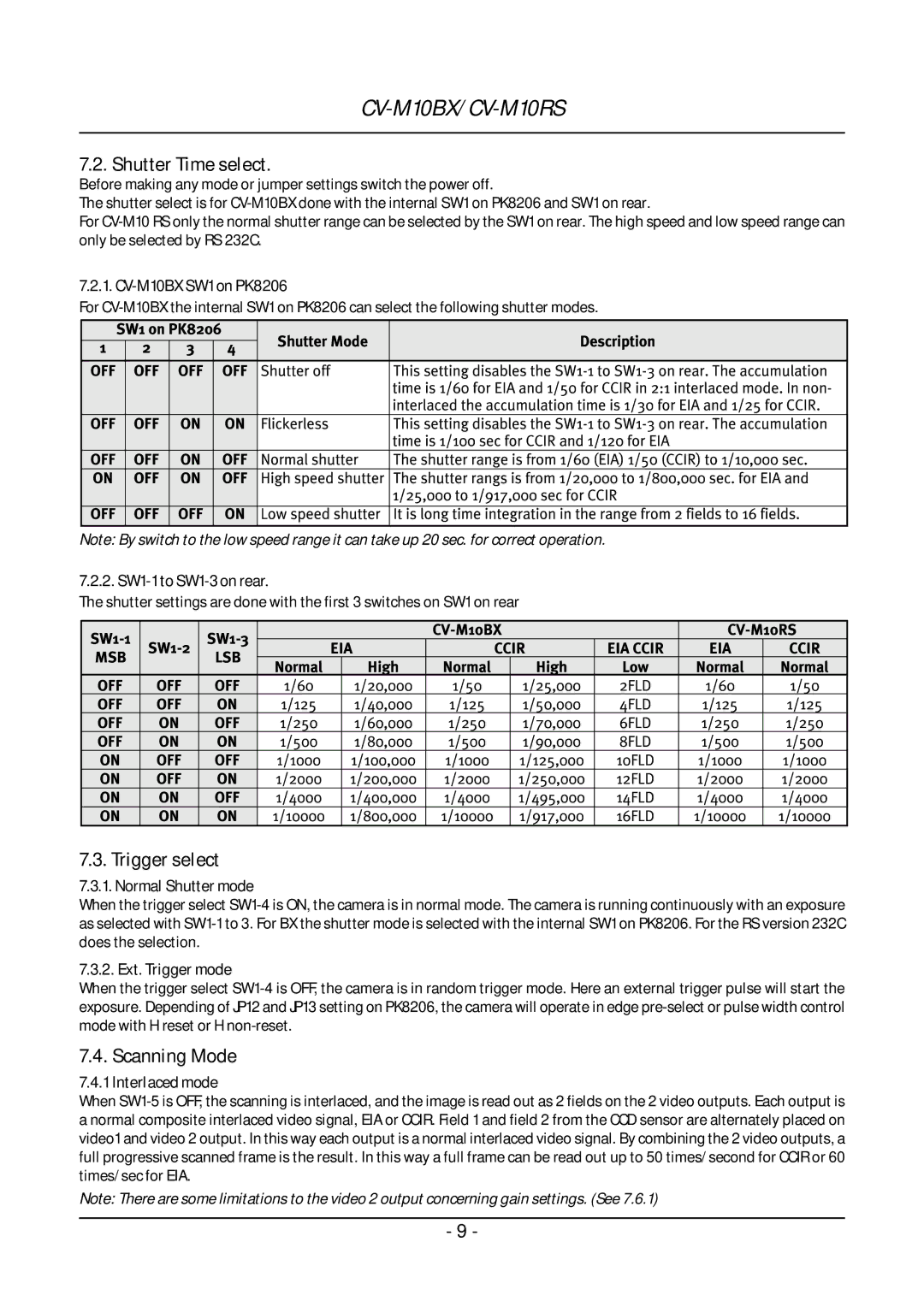 JAI CV-M10 operation manual Shutter Time select, Trigger select, Scanning Mode 