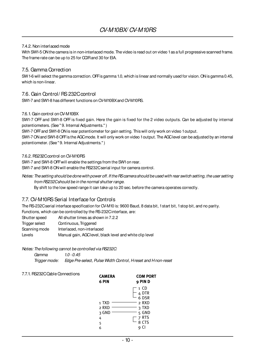 JAI operation manual Gamma Correction, Gain Control/RS 232C control, CV-M10RS Serial Interface for Controls 