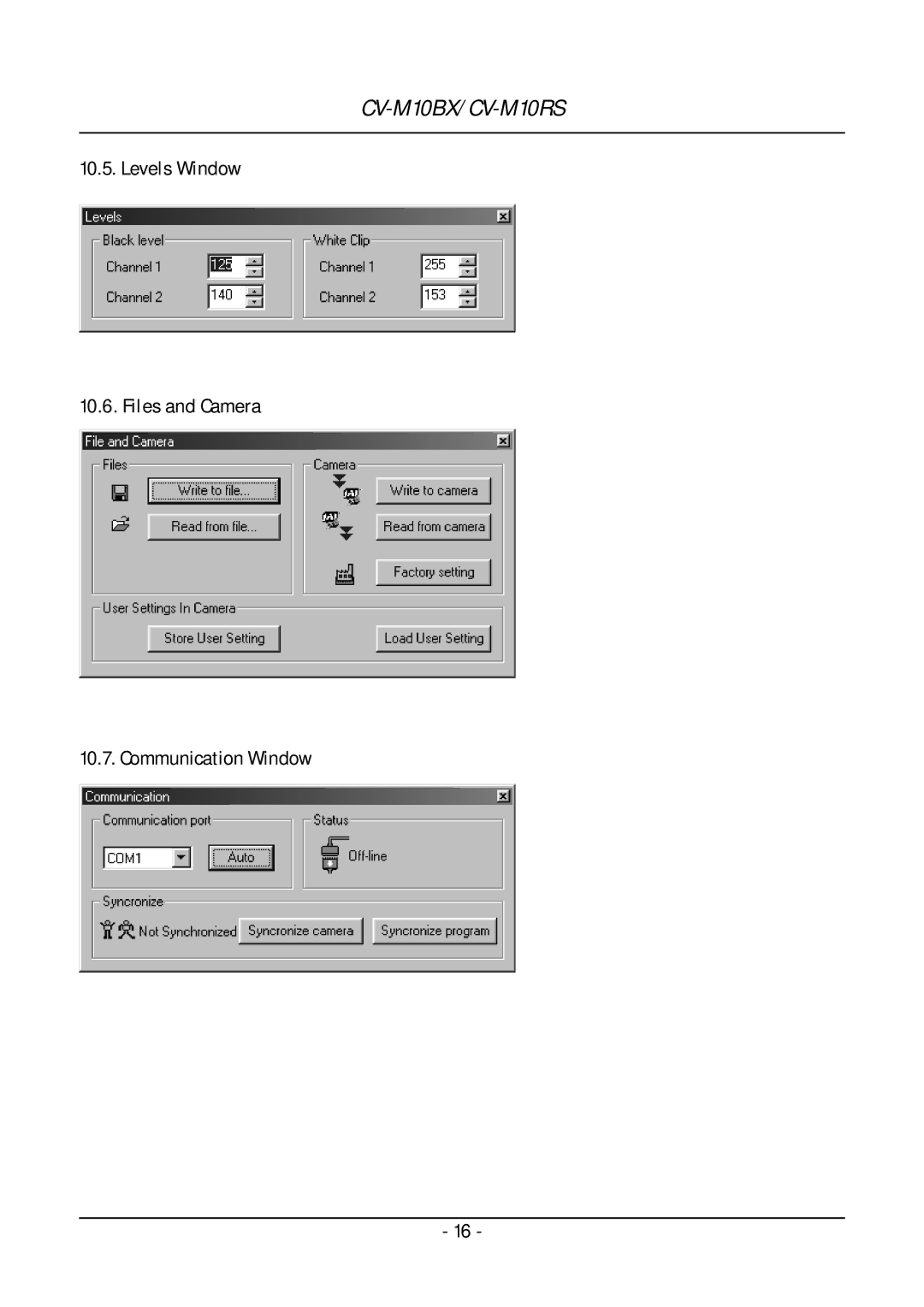 JAI CV-M10 operation manual Levels Window Files and Camera Communication Window 