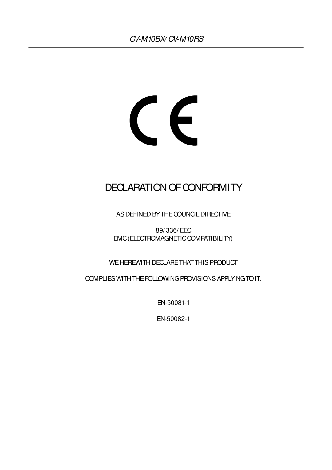 JAI CV-M10 operation manual Declaration of Conformity 