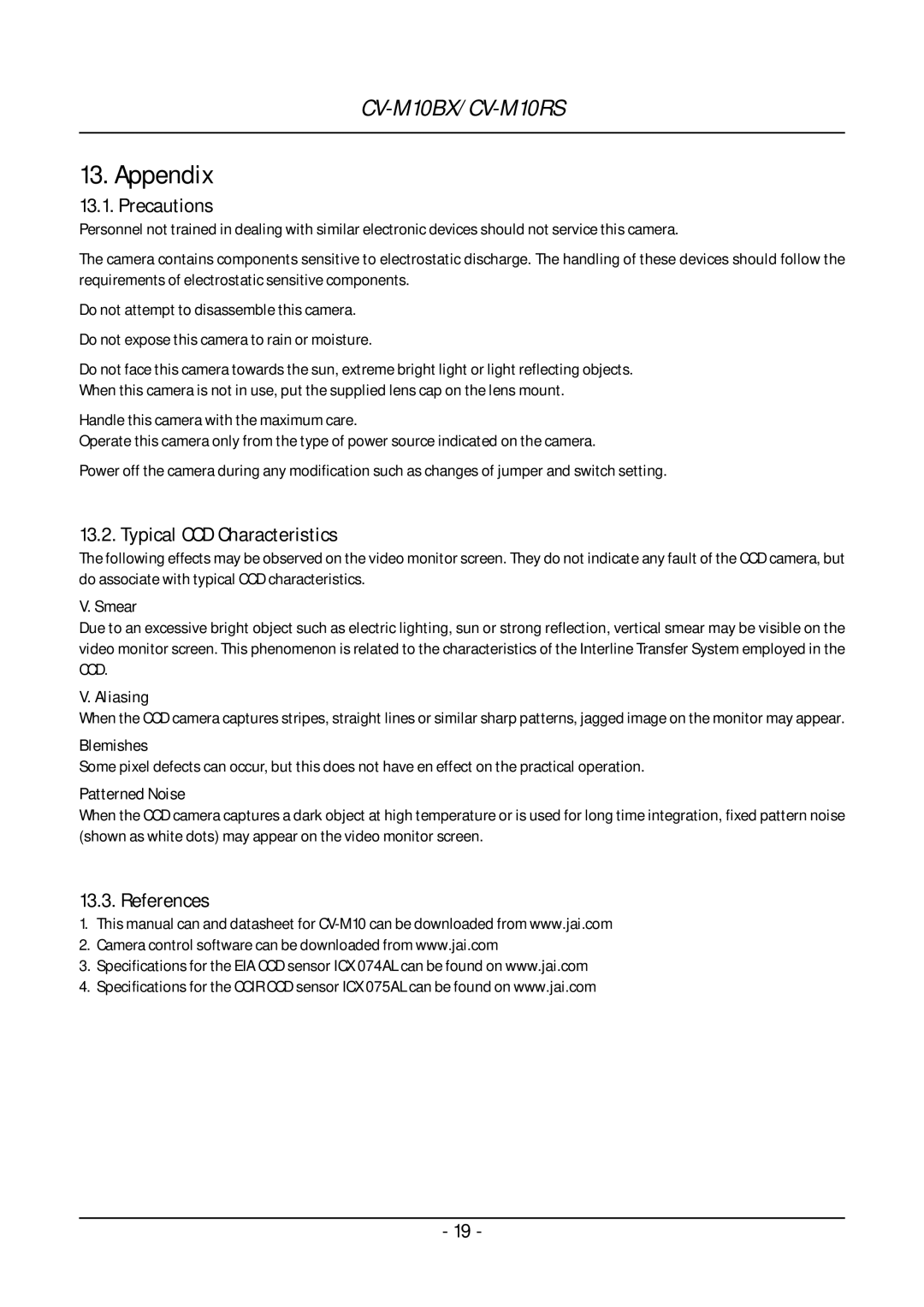 JAI CV-M10 operation manual Appendix, Precautions, Typical CCD Characteristics, References 