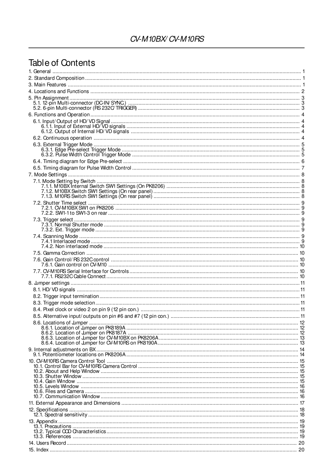 JAI CV-M10 operation manual Table of Contents 