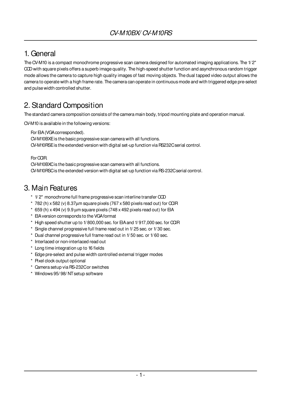 JAI CV-M10 operation manual General, Standard Composition, Main Features 