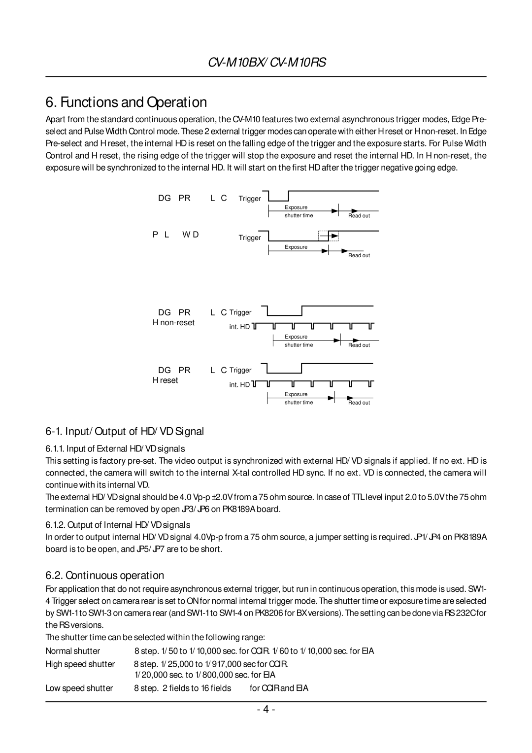 JAI CV-M10 Functions and Operation, Input/Output of HD/VD Signal, Continuous operation, Input of External HD/VD signals 