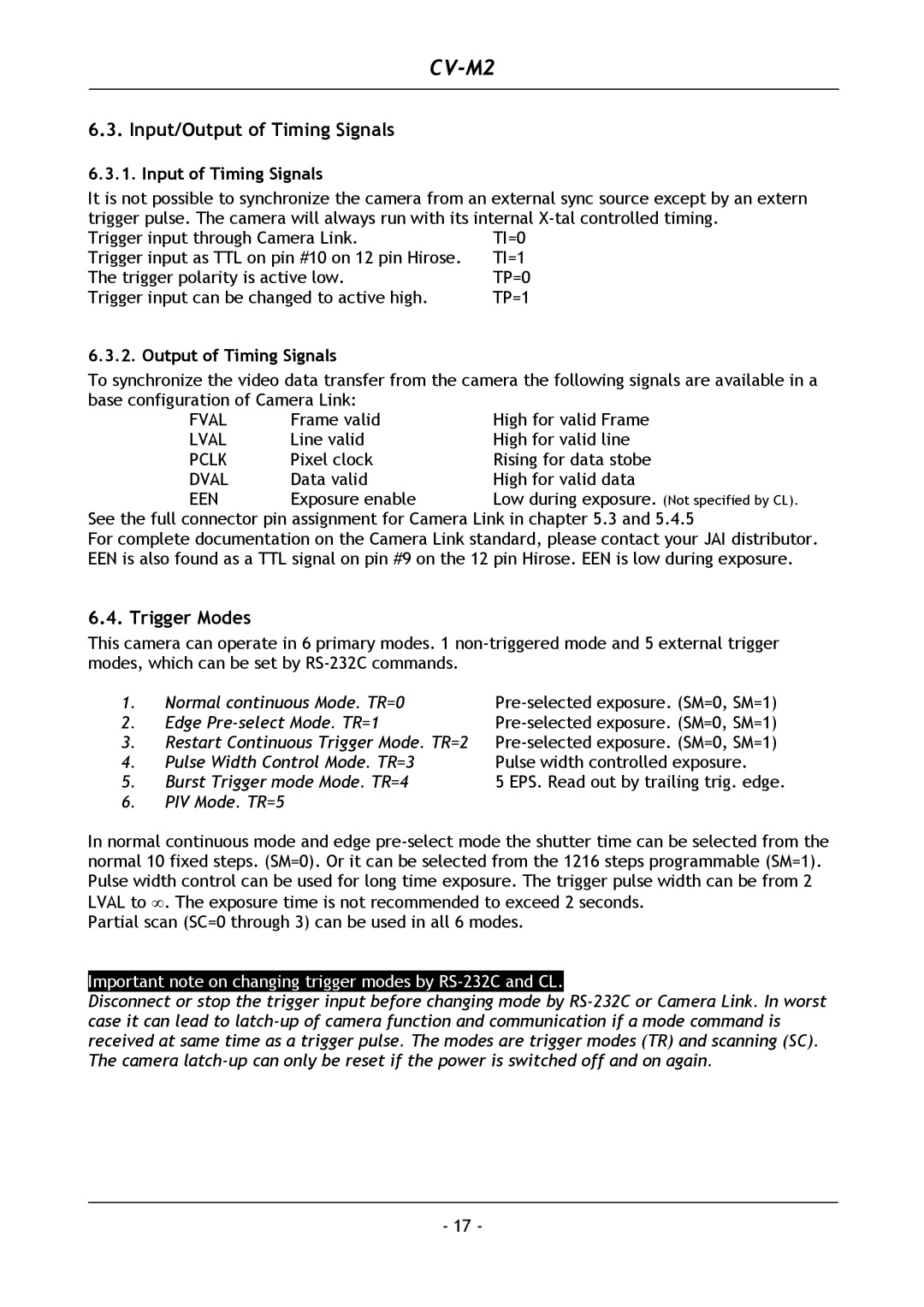 JAI CV-M2 operation manual Input/Output of Timing Signals, Trigger Modes, Input of Timing Signals 