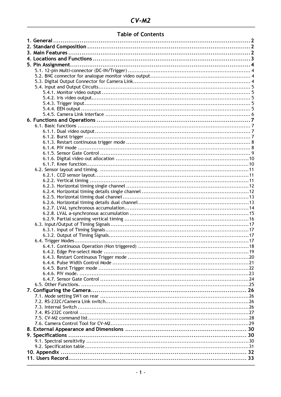 JAI CV-M2 operation manual Table of Contents 