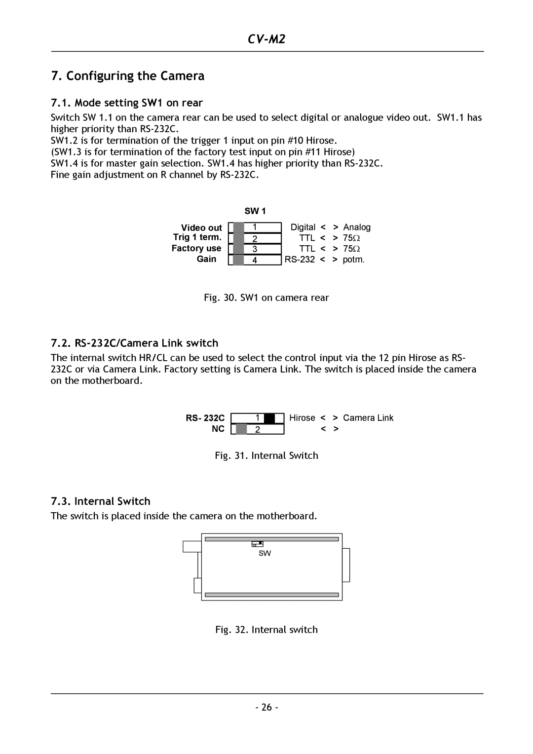 JAI CV-M2 operation manual Configuring the Camera, Mode setting SW1 on rear, RS-232C/Camera Link switch, Internal Switch 