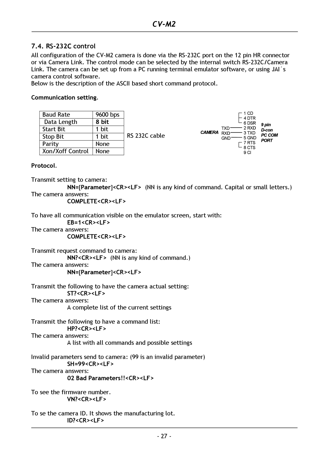 JAI CV-M2 operation manual RS-232C control 