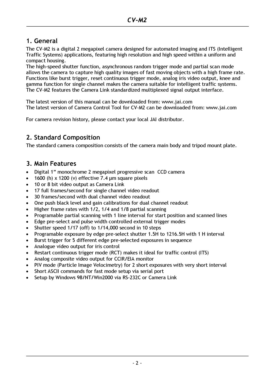 JAI CV-M2 operation manual General, Standard Composition, Main Features 