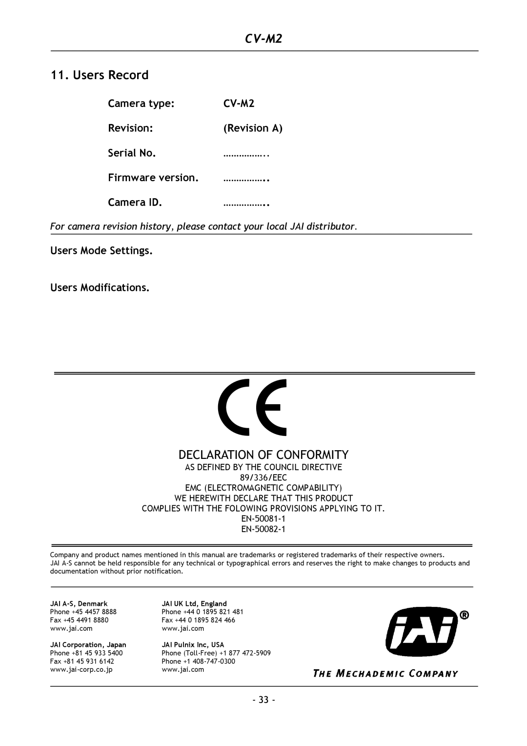 JAI CV-M2 operation manual Users Record, Camera type, Users Mode Settings Users Modifications 