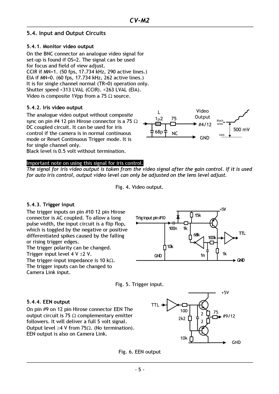 JAI CV-M2 operation manual Input and Output Circuits, Monitor video output, Iris video output, Trigger input, EEN output 