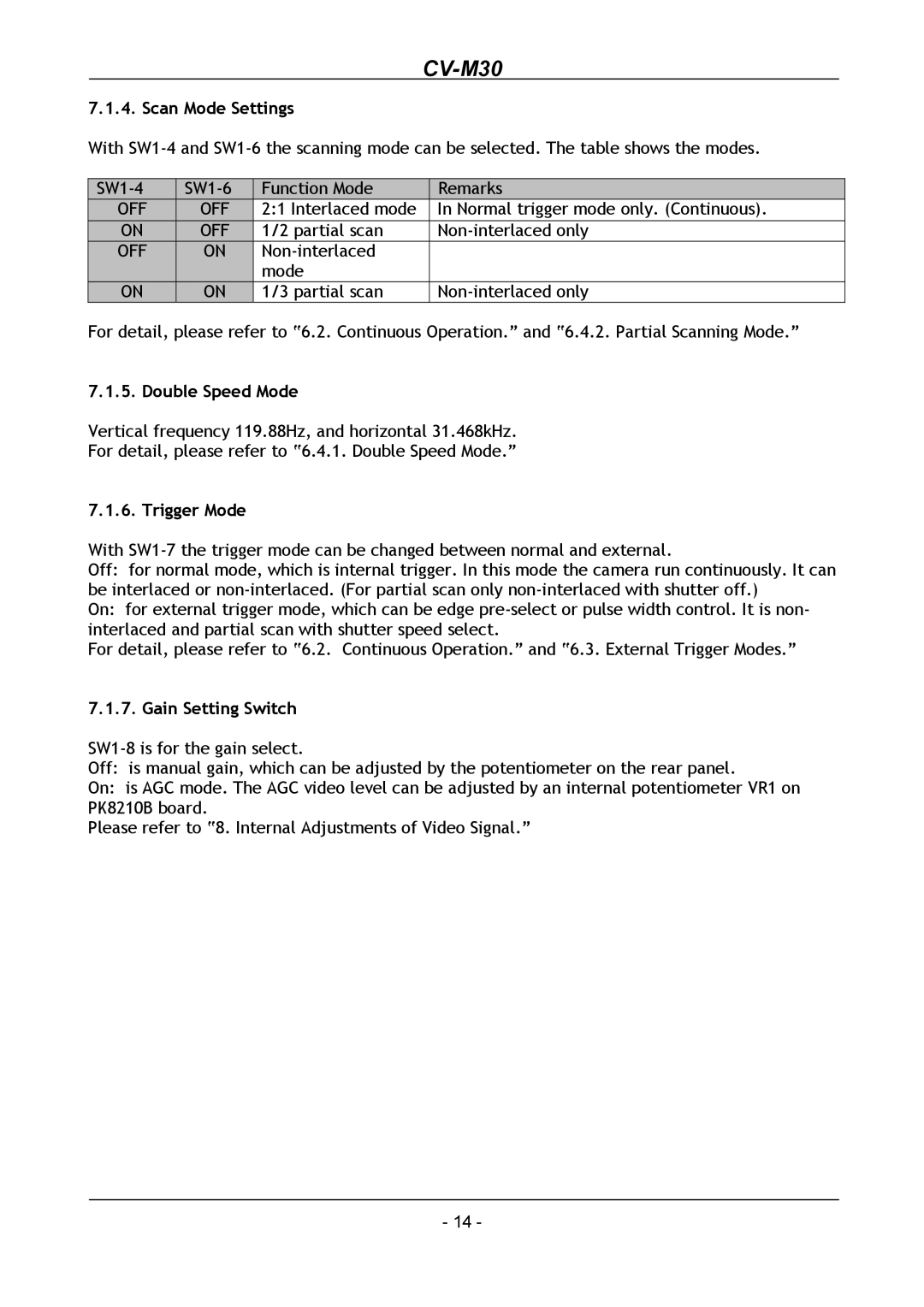 JAI CV-M30 operation manual Scan Mode Settings, Trigger Mode, Gain Setting Switch 