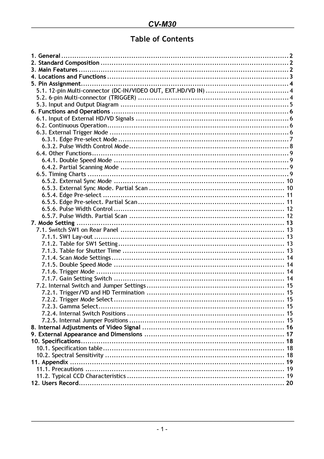 JAI CV-M30 operation manual Table of Contents 