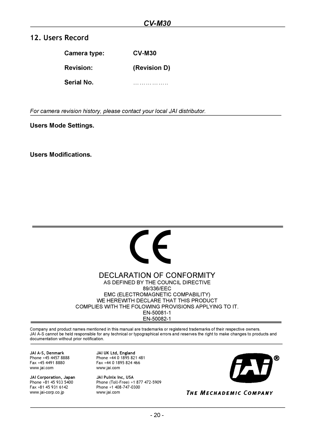 JAI CV-M30 operation manual Users Record, Declaration of Conformity 