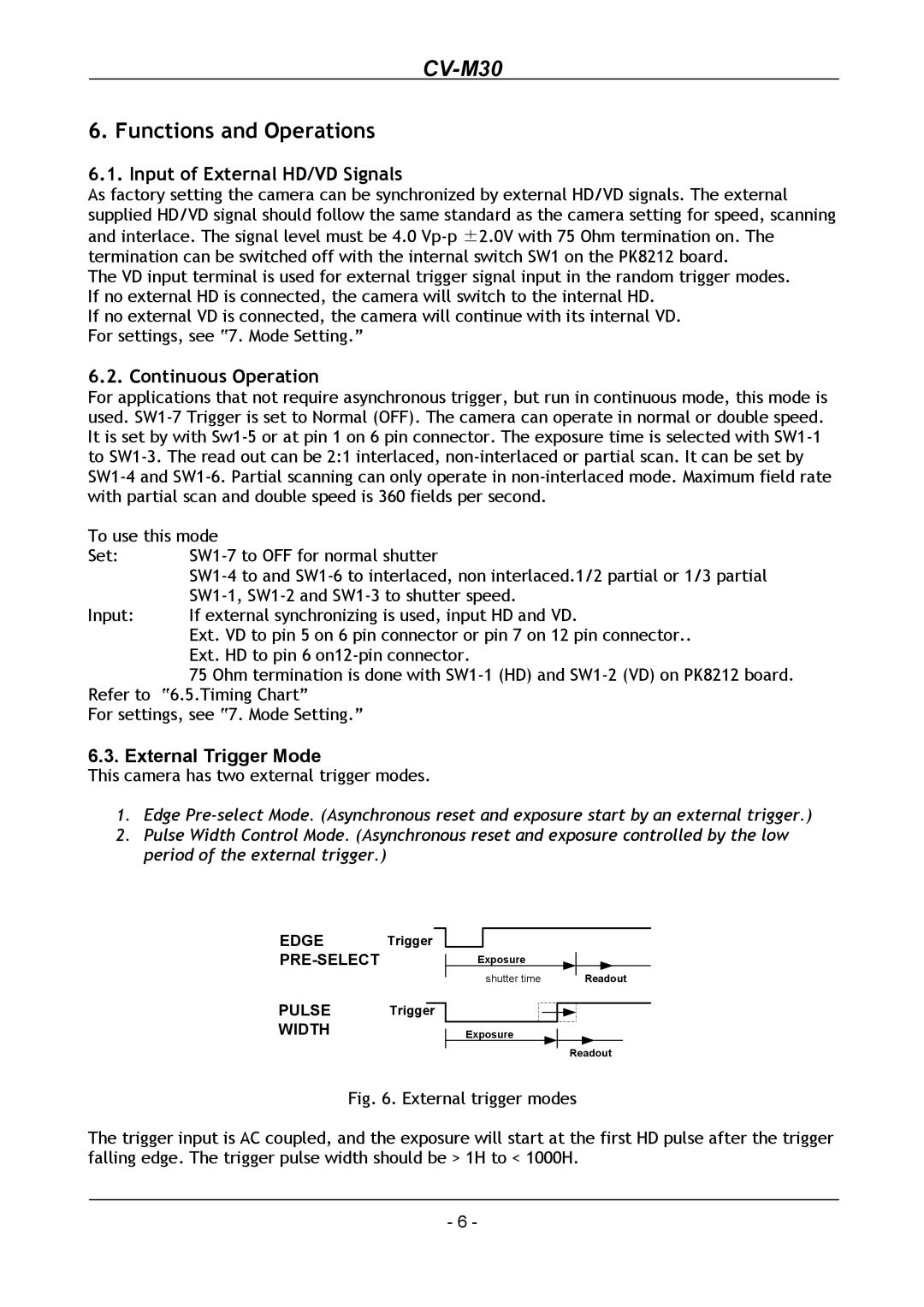 JAI CV-M30 operation manual Functions and Operations, Input of External HD/VD Signals, Continuous Operation 