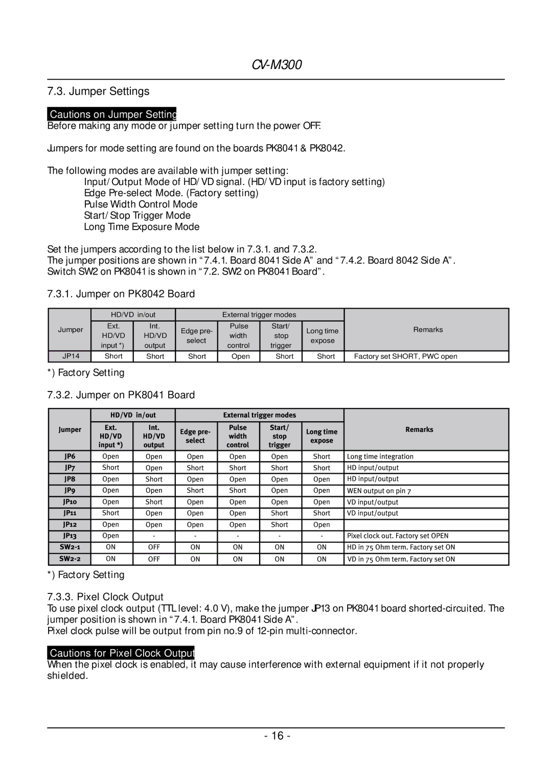 JAI CV-M300 operation manual Jumper Settings, Pixel Clock Output 