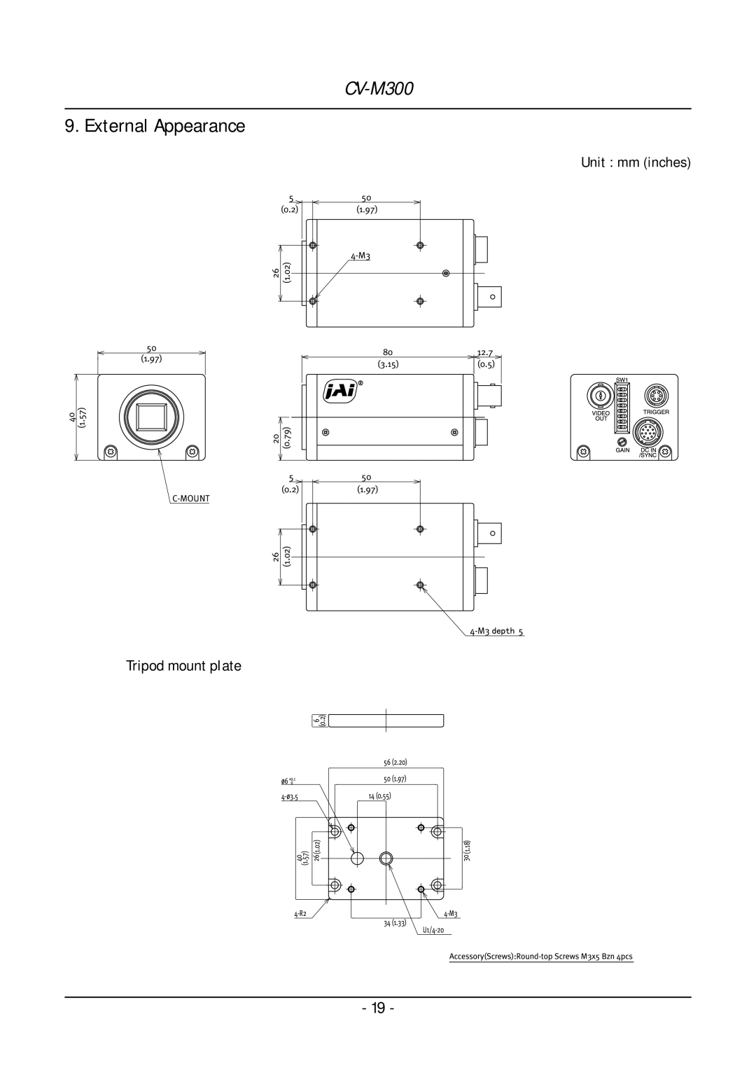 JAI CV-M300 operation manual External Appearance, Tripod mount plate 