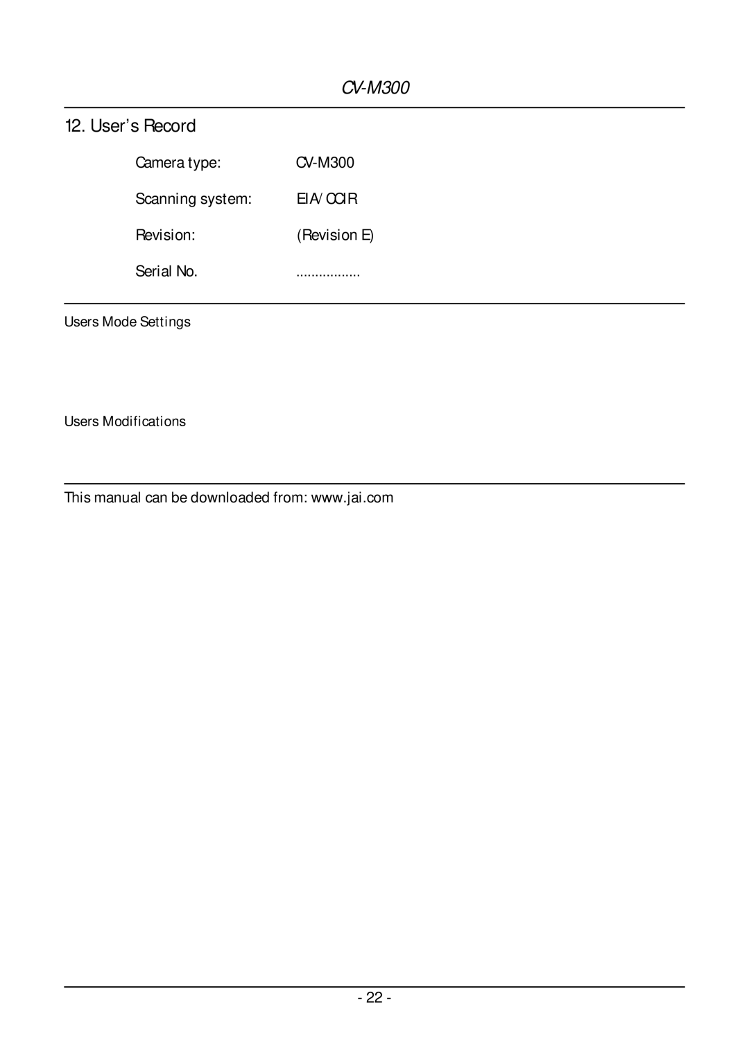 JAI operation manual User’s Record, Camera type CV-M300 Scanning system, Revision Revision E Serial No 