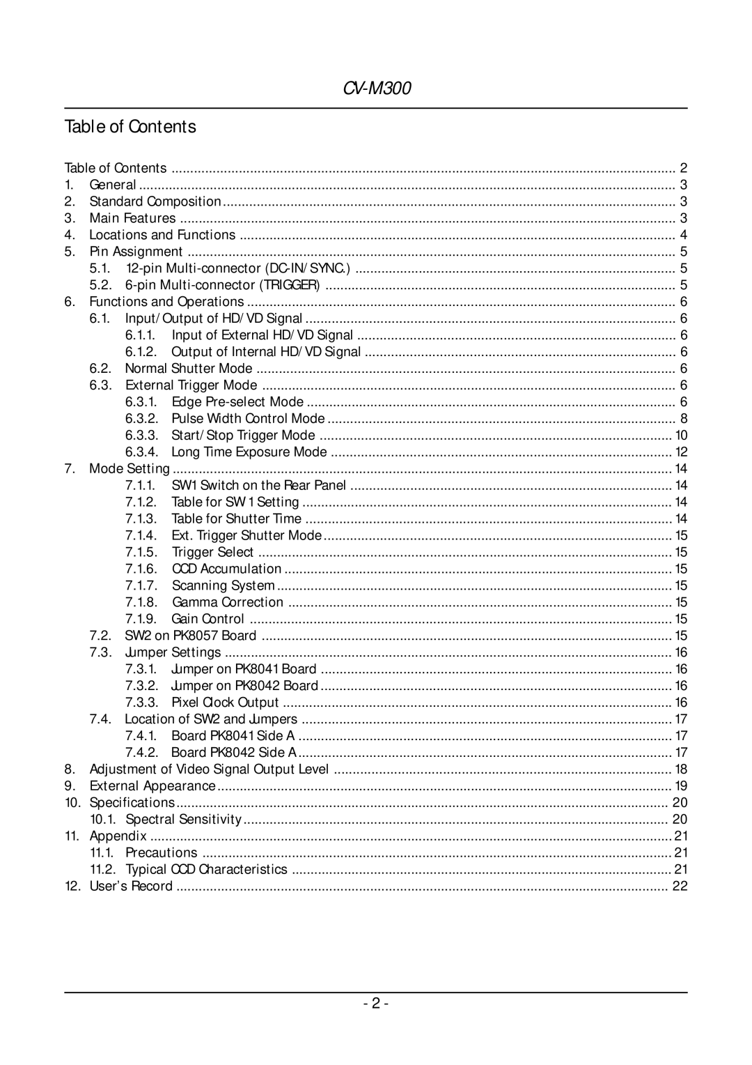 JAI CV-M300 operation manual Table of Contents 