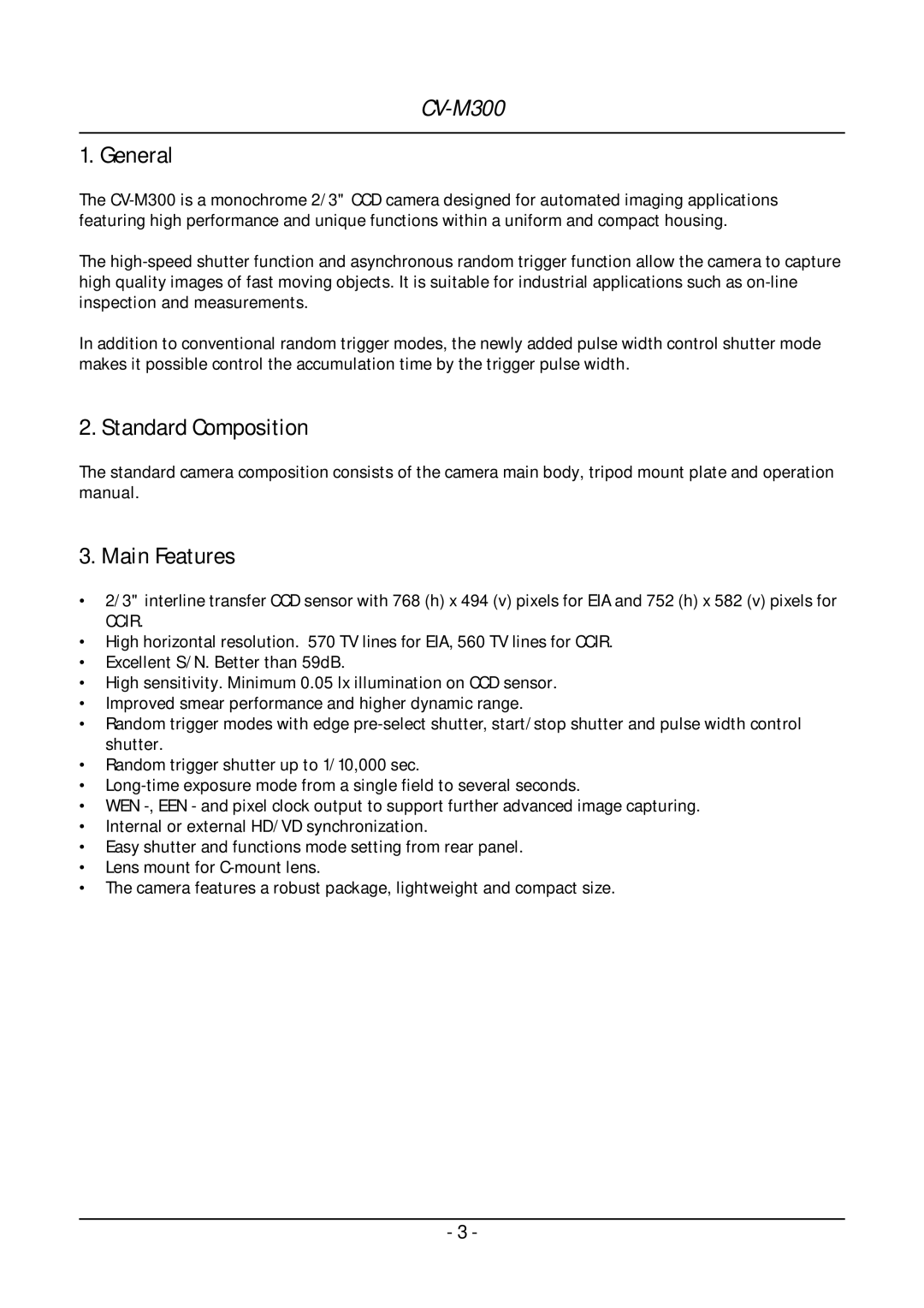 JAI CV-M300 operation manual General, Standard Composition Main Features 