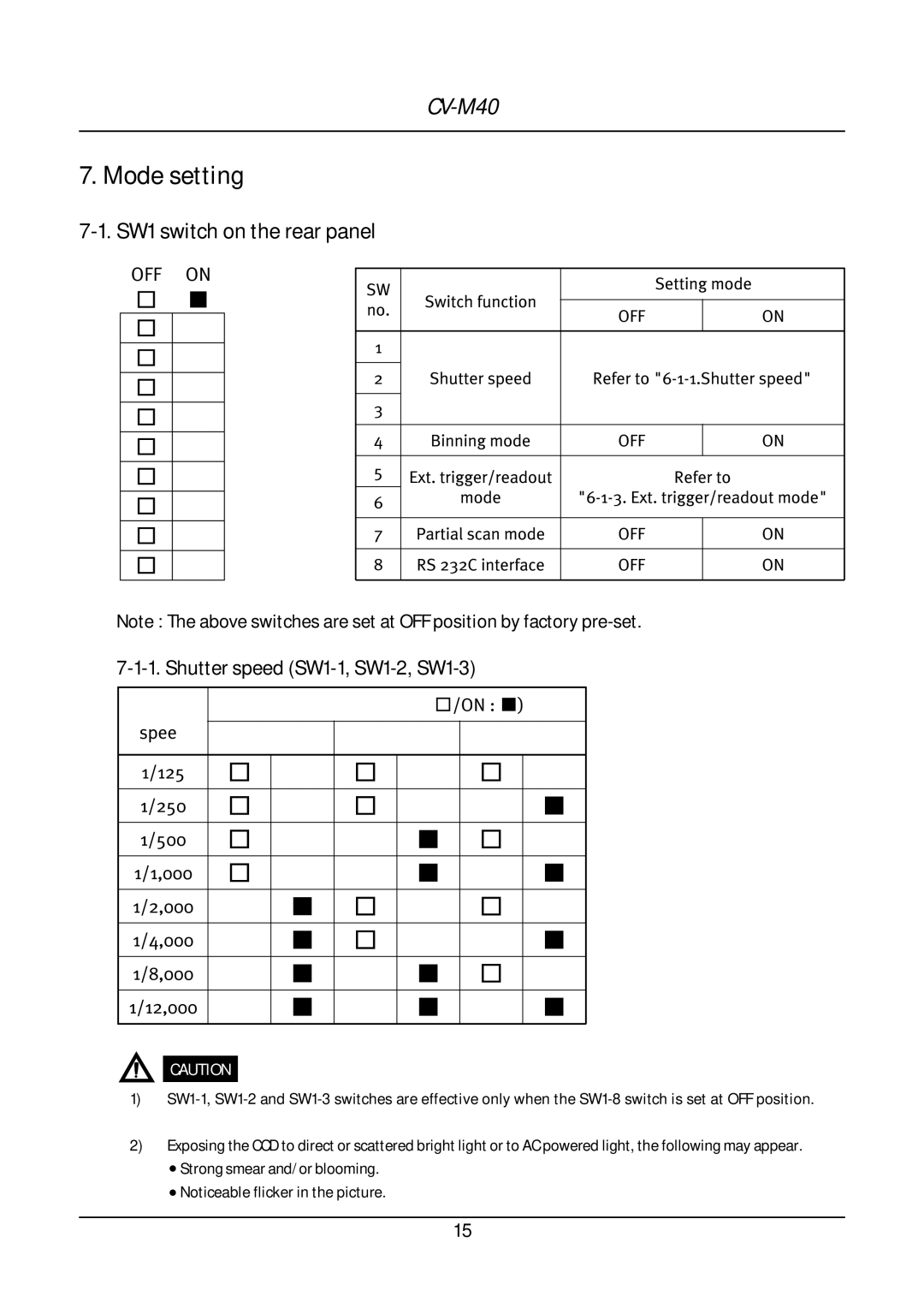 JAI CV-M40 Mode setting, SW1 switch on the rear panel, Shutter speed SW1-1, SW1-2, SW1-3, Position by factory pre-set 