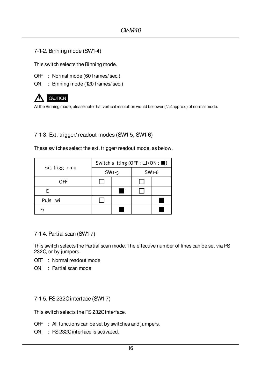 JAI CV-M40 operation manual Binning mode SW1-4, Partial scan SW1-7, RS 232C interface SW1-7 