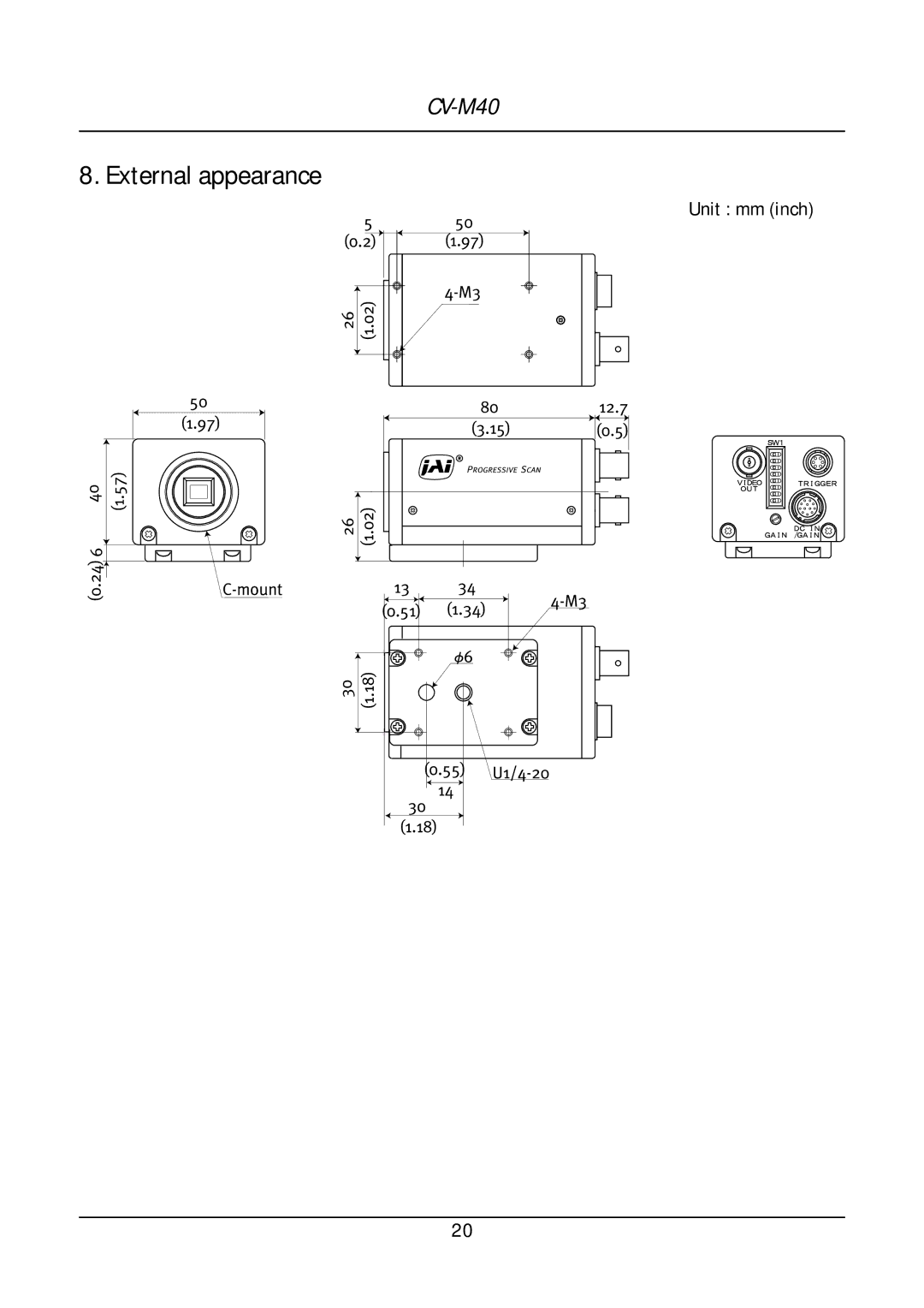 JAI CV-M40 operation manual External appearance, Unit mm inch 