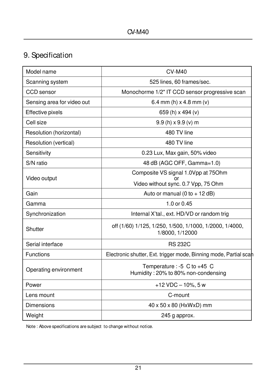 JAI CV-M40 operation manual Specification, Ensitivitysizeratio horizontalvertical, Monochorme1/2ITCCDsensorprogressivescan 