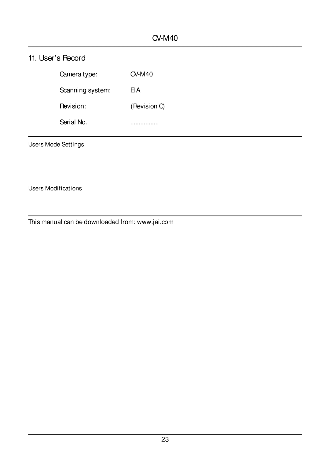 JAI CV-M40 operation manual User’s Record 