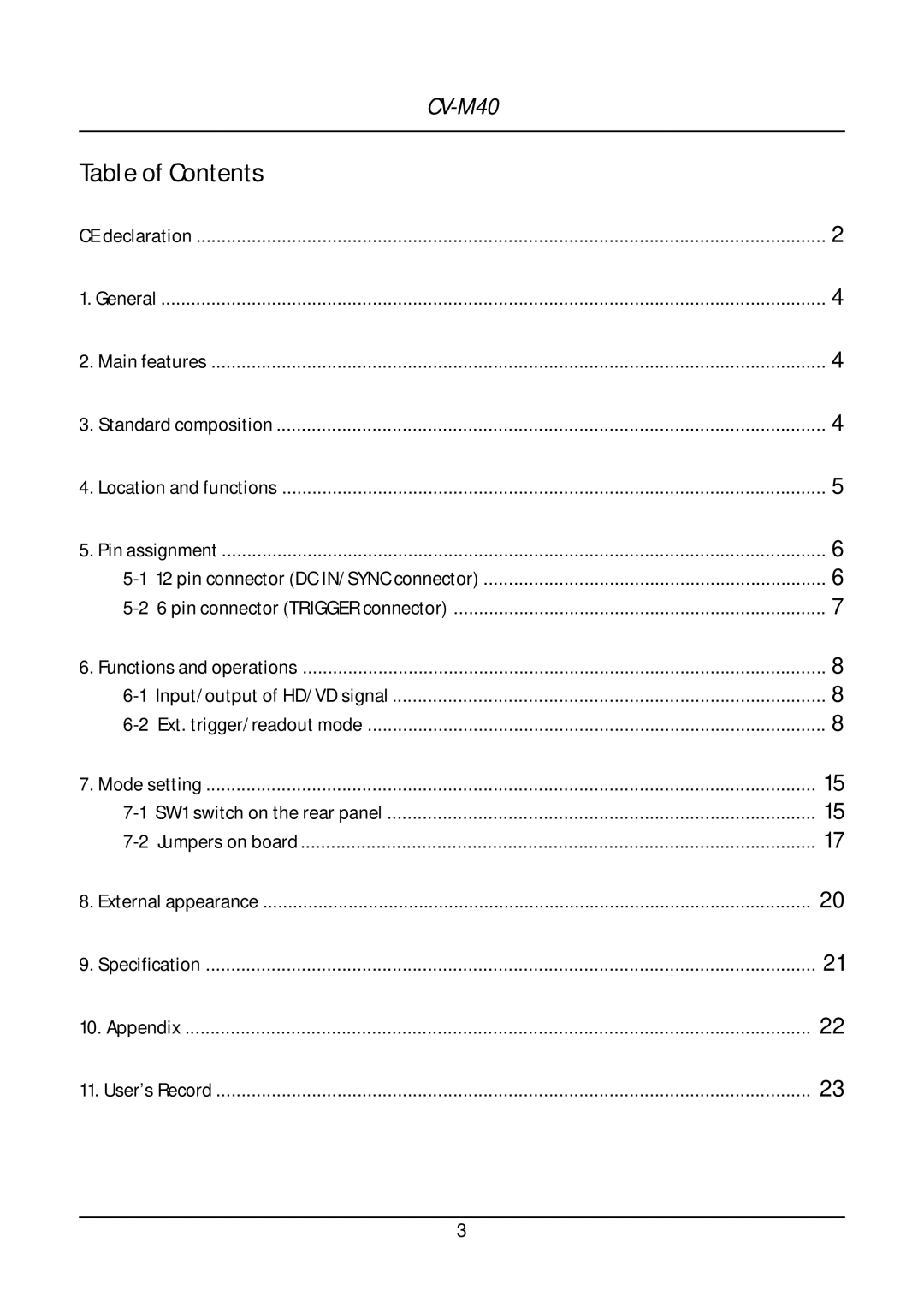 JAI CV-M40 operation manual Table of Contents 