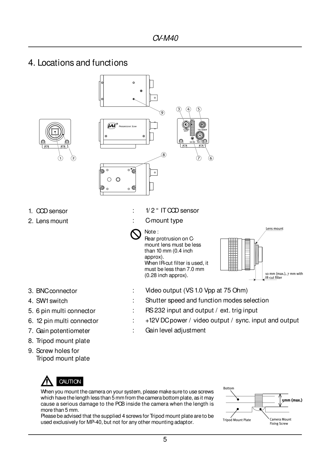 JAI CV-M40 operation manual Locations and functions, CCD sensor Lens mount IT CCD sensor Mount type 