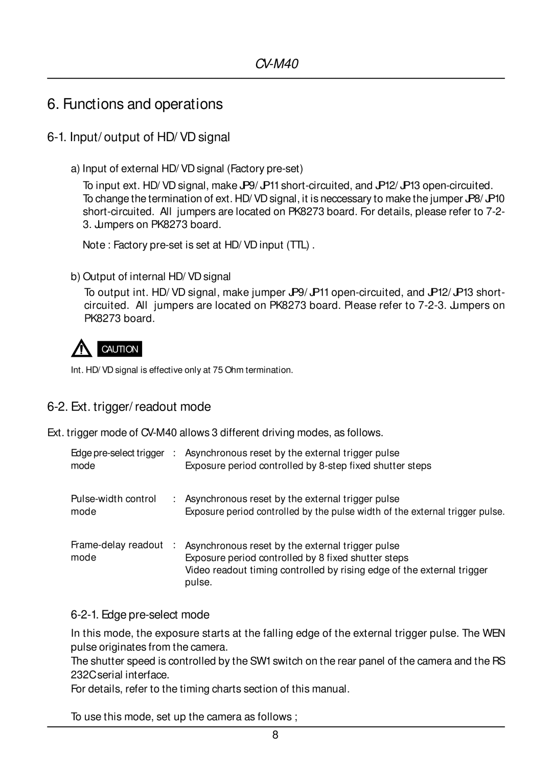 JAI CV-M40 Functions and operations, Input/output of HD/VD signal, Ext. trigger/readout mode, Edge pre-select mode 