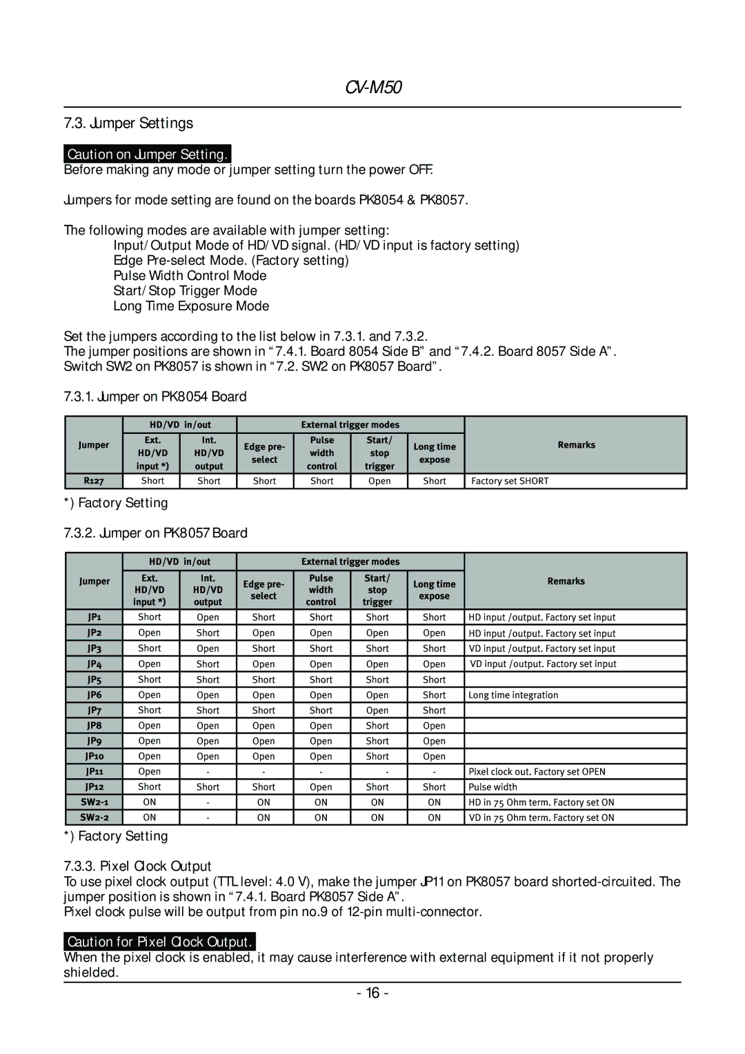 JAI CV-M50 operation manual Jumper Settings, Pixel Clock Output 